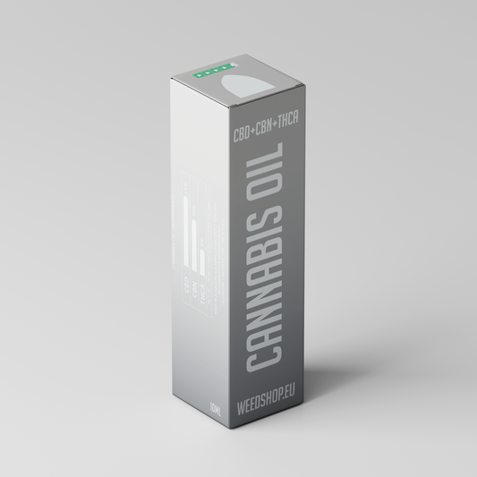 Flaske med Cannabis Oil 15% CBD, 10% CBN og 5% THCA i mørk glasemballage med pipette – præsenteret mod neutral baggrund, signalerer balanceret formulering og renhed.
