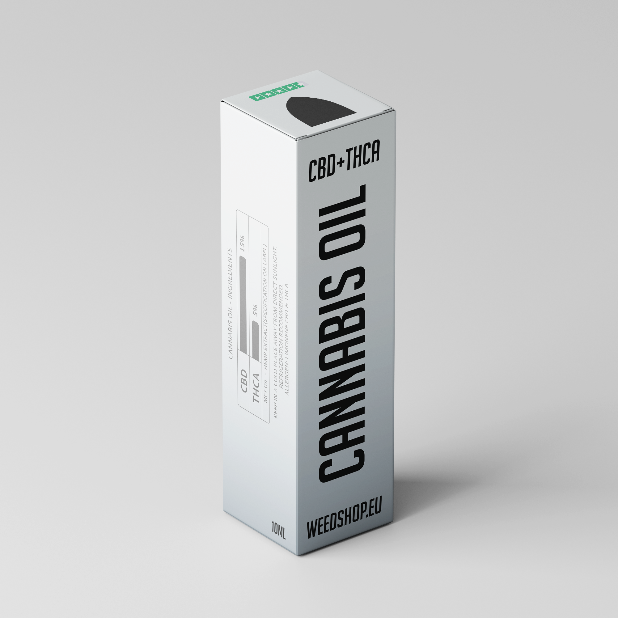 Flaske med Cannabis Oil THCA 15% CBD og 5% THCA, præsenteret i mørk glas med pipette og enkel etiket – signalerer naturlig formulering og høj kvalitet.