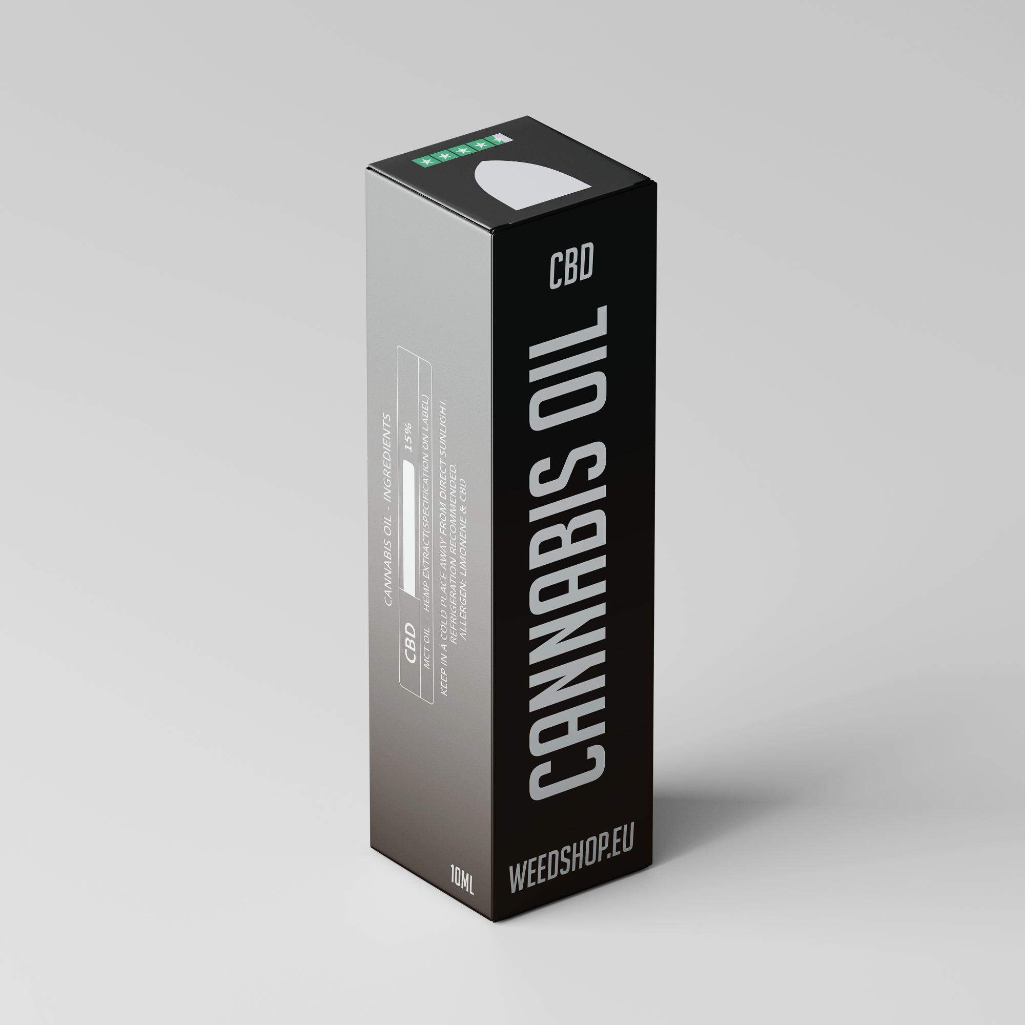 Flaske med Cannabis Oil CBD 15%, mørk glasemballage med pipette, placeret mod neutral baggrund – signalerer renhed og kvalitet.