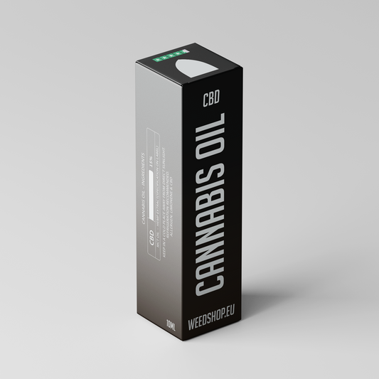 Flaske med Cannabis Oil CBD 15%, mørk glasemballage med pipette, placeret mod neutral baggrund – signalerer renhed og kvalitet.