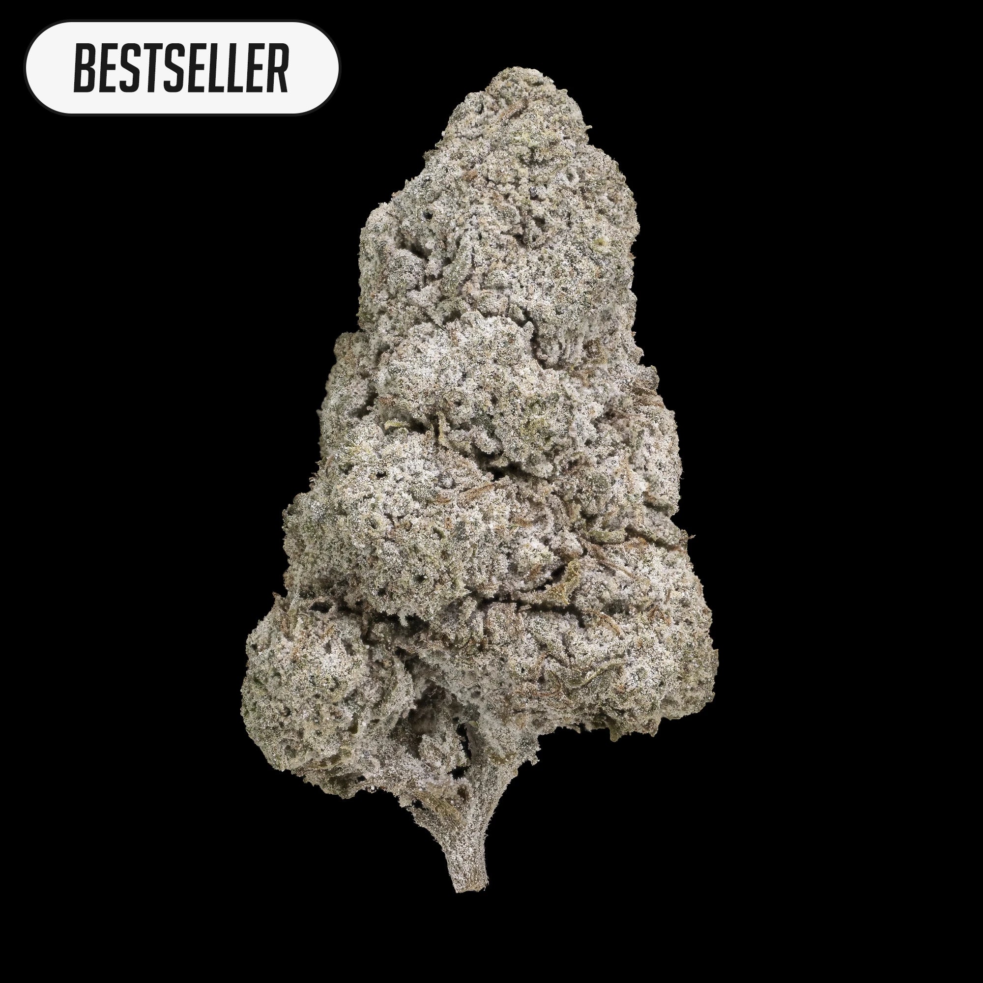 Et fuldt topskud af N*1 Sativa i høj kvalitet, med tydelige krystaller og kompakt struktur på sort baggrund.