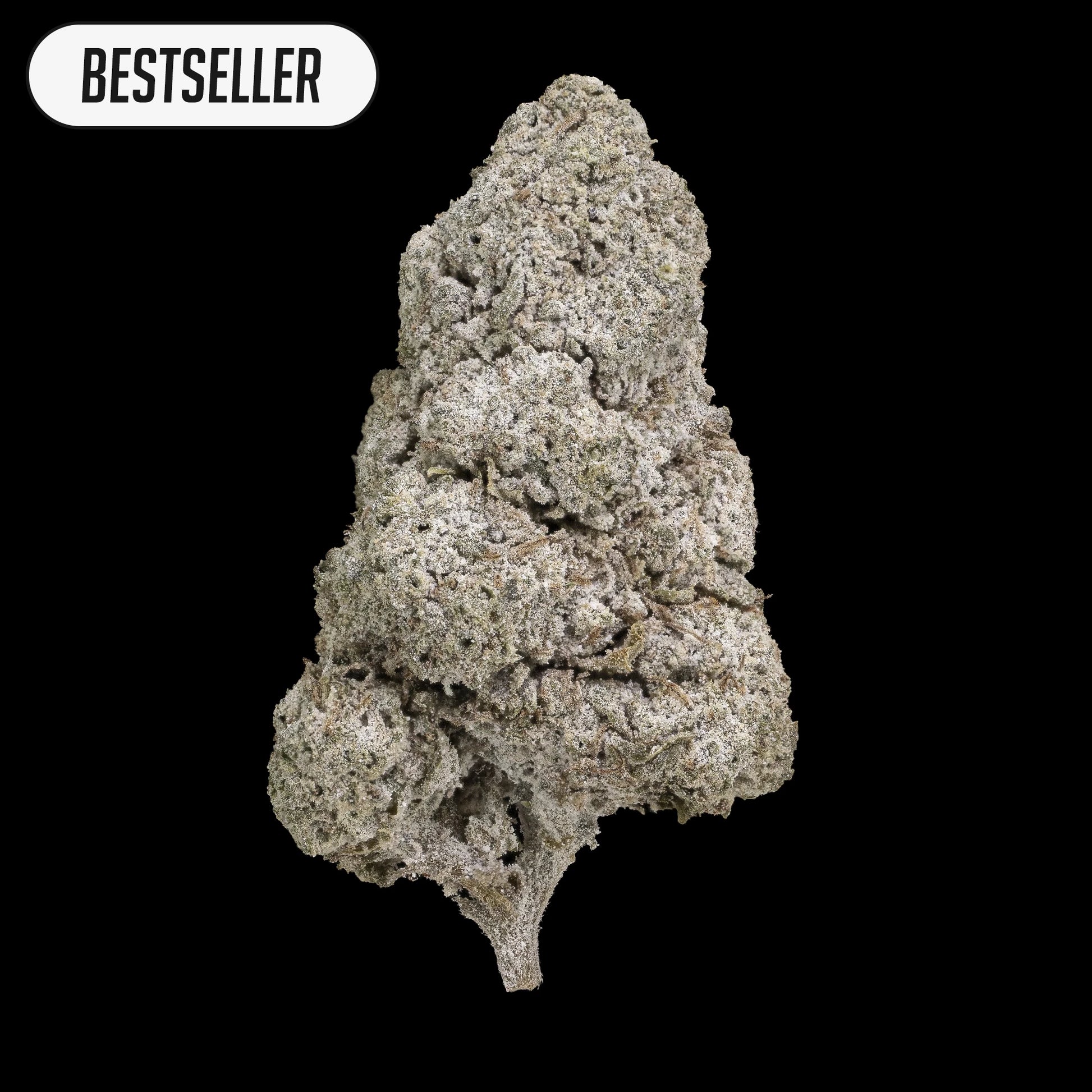 Et fuldt topskud af N*1 Sativa i høj kvalitet, med tydelige krystaller og kompakt struktur på sort baggrund.